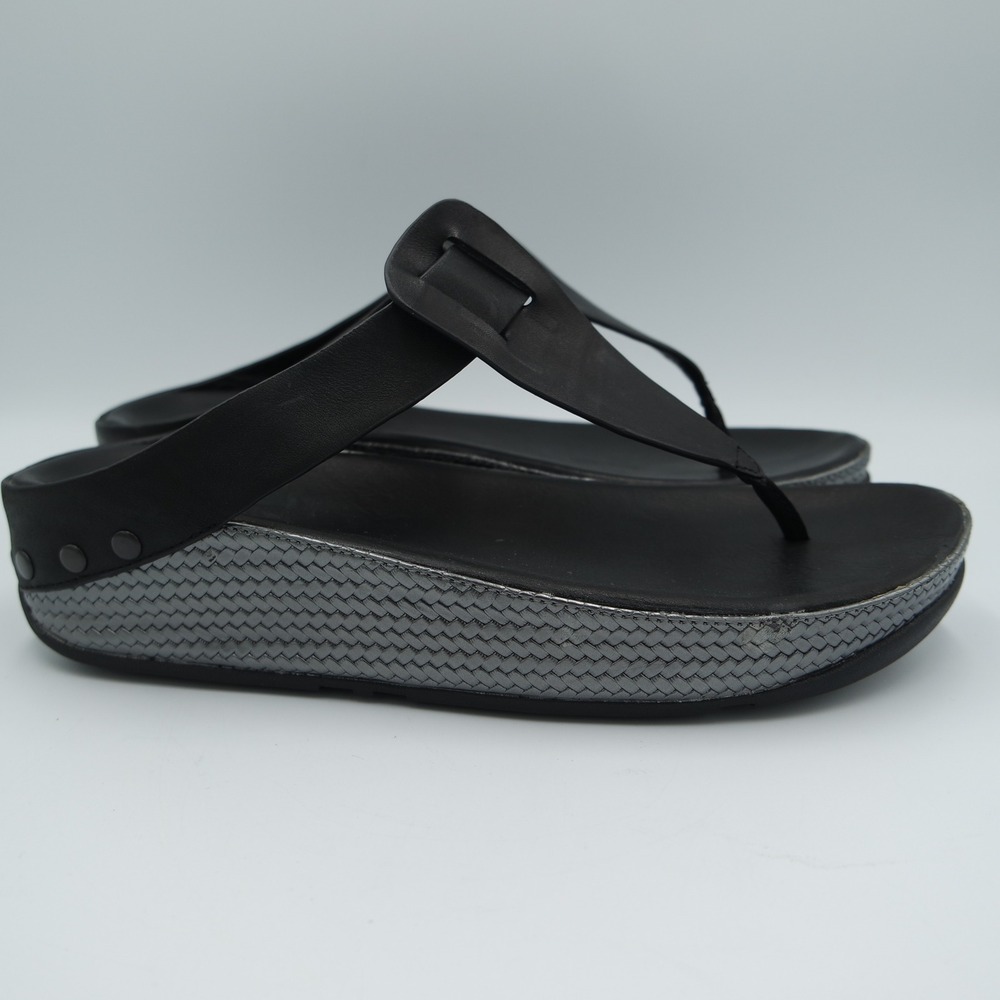 FitFlop Ibiza Women Black Leather Thong Sandals Chrome Studded Platform Size 10
